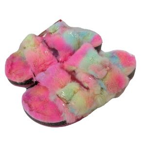 Wonder Nation Girls Two Strap Fuzzy Sherpa Footbed Sandal- Multicolored
